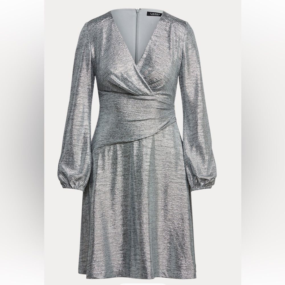 Lauren Ralph Lauren Shimmering Silver Long Sleeve cocktail Dress Women’s 10 NWT